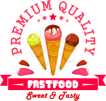 Ice cream fast food menu card sticker. Vector ice cream scoops in wafer cones. Fastfood summer cafe banner label with red ribbon and text Premium Quality Fast Food
