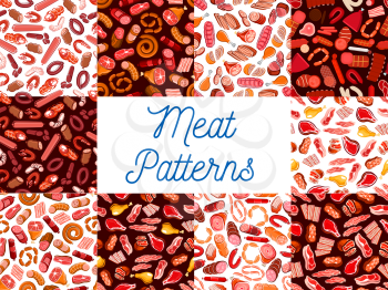 Meat patterns set. Vector pattern of meat delicatessen products, sausages, ham, bacon, beefsteak, schnitzel and salami, pepperoni and wurst, meatloaf, jamon. Butcher shop decoration background