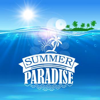 Summer paradise banner. Ocean, palms, island beach, shining sun background design for postcard, greeting card. Vacation, holiday travel poster