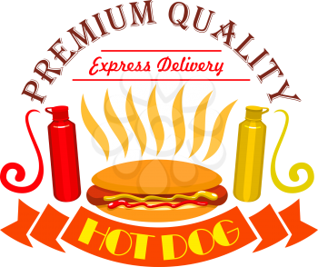 Hot dog icon. Fast food icon with elements of american hot dog sausage, vegetables, buns, ketchup, mustard. Premium quality fast food label for fast food menu card, signboard, sticker design