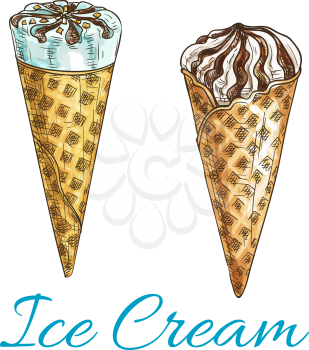 Ice cream wafer cones isolated vector sketch icons. Crispy waffle cups with chocolate and vanilla creamy ice cream for fast food dessert emblem, cafe menu sticker, cafeteria design