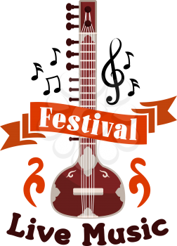 Live folk ethnic music festival vector emblem. Musical label design with string music istrument guitar, banjo, gambusi, biwa, koto, music, notes, clefs, red ribbon for placard, concert poster, music f