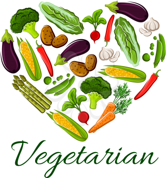I love vegetarian life symbol of heart vegetables. Vegan emblem in shape of heart with vector flat icons of fresh natural farm vegetables cabbage, pepper, bean, carrot, potato, kohlrabi, cucumber, asp