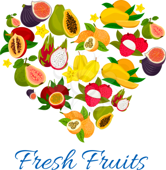 Heart emblem of fresh exotic tropical fruits. Fruit love label of sweet figs, mango, papaya, lychee, dragon fruit, carambola, guava, passion fruit