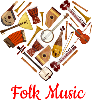 Folk music heart emblem of musical instruments. Music label with pattern of music folk instruments violin, banjo, biwa, koto, balalaika, harmonica, drums, flute pipe. Vector design for music disc cove