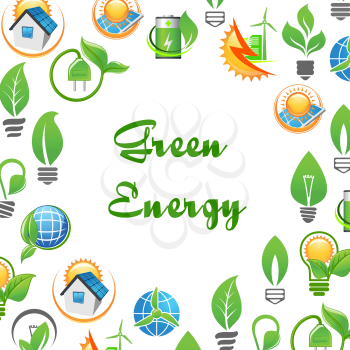 Green Energy environment protection poster. Banner with vector icons of green leaves, electric plug, solar battery, globe, house, lamp bulb. Natural energy source elements