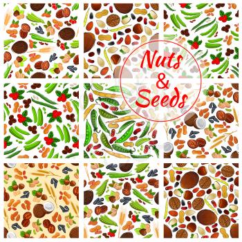 Natural nuts and seeds seamless backgrounds. Wallpapers with vector icons of coconut, almond, pistachio and sunflower seeds, pumpkin seeds, coffee beans and peanut, hazelnut, walnut, cranberry, pea po