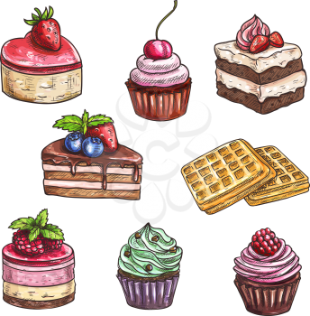 Desserts sketch. Isolated vector cakes with fruits and berries, chocolate muffin, creamy pie, souffle cupcake, crispy wafers, sweet mousse for dessert menu of bakery shop, cafe, cafeteria, patisserie
