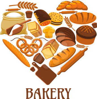 Bakery symbol in shape of heart. Bakery shop vector sign of wheat and rye bread loaf, bagel, croissant, pretzel, sweet bun, flour sack, chocolate cake