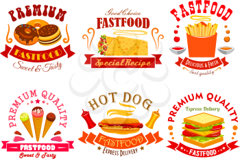 Fast food menu of vector snack meal, drink, dessert icons. Emblem sweet donut, spicy mexican burrito, french fries, ice cream in wafer cone, bacon sandwich. Fast food labels and ribbons set