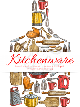 Kitchenware sign. Vecttor symbol of kitchen and cooking utensils in shape of cutting board with electric kettle, saucepan, frying pan, cooking glove, cup, mixer, grater, mortar, cup, salt, pepper, spa