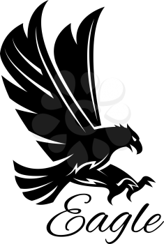 Eagle bird black icon. Vector heraldic emblem of powerful wild falcon with stretching clutches. Symbol of eagle hawk predator for sport team mascot shield, company badge, guard service, hunting club l