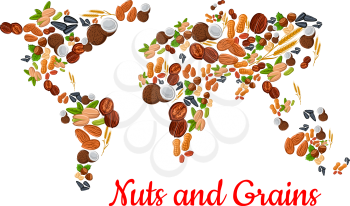 Nuts and grains world map. Vector nut, grain, kernels, natural nutritious coconut, almond, pistachio, cashew and hazelnut, walnut and bean pod, peanut and sunflower, pumpkin seeds. Vegetarian healthy 
