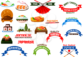 Japanese cuisine signs set. Sushi restaurant vector isolated icon. Symbols of sushi, maki, tempura rolls, salmon sashimi, rice, chopsticks. Oriental fast food badges, ribbons for restaurant sign, sush