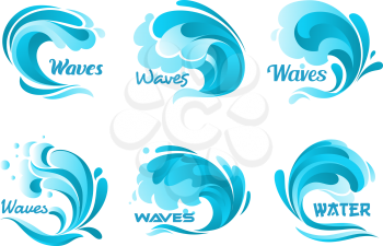 Water waves splash. Vector ocean wave isolated icons. Blue water wave graphic sign for decoration. Waves of sea tide, storm, foamy splash symbols