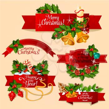Christmas and New Year ribbon banner set. Red label with holly berry and pine twig, candy cane, bauble ball, bell, candle, gingerbread and bullfinch on wavy ribbon. Winter holidays theme design