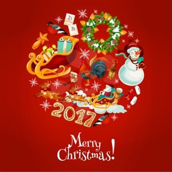 Merry Christmas round poster with Santa Claus and gift box, xmas pine wreath with bauble, snowman, gingerbread, snowflake, star, owl in hat, santas glove, calendar, sleigh with deer, rooster, lantern