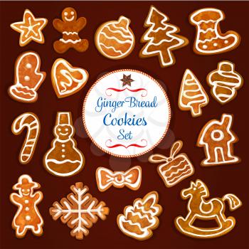 Christmas gingerbread cookie set. Sweet ginger biscuit xmas tree, candy cane, man, star, bauble ball, gift box, snowman, stocking sock, snowflake, house, glove, heart and rocking horse with icing