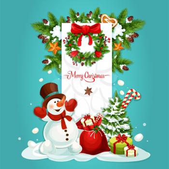 Christmas snowman with gift greeting card. Present and candy cane in red bag, snowy pine tree, holly berry and fir wreath with ribbon, bow, golden star and gingerbread cookie. Festive poster design