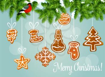 Christmas tree with gingerbread greeting poster. Snowy pine branch with bullfinch and hanging ginger cookie snowflake, star, xmas tree, snowman, sock, bauble ball, glove. Xmas card design