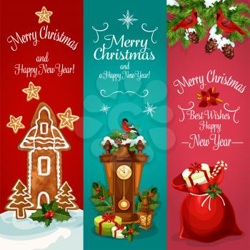 New Year holidays banner. Christmas santas bag with gift, present box, candy and holly berry, gingerbread house with cookie xmas tree and star, clock, pine tree with snow, bullfinch and cardinal bird
