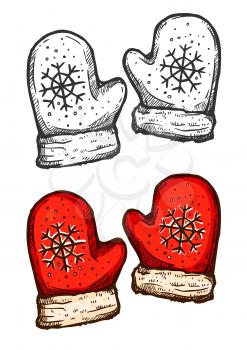 Christmas mittens with winter snowflake ornament embroidery and fur. Vector isolated sketch symbols of Santa new year clothing for christmas greeting card