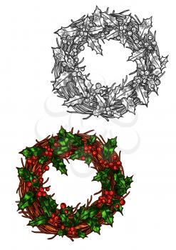 Christmas wreath sketch. Isolated wicker holly leaves with berries. Vector Merry Christmas, New Year decoration symbol for greeting card
