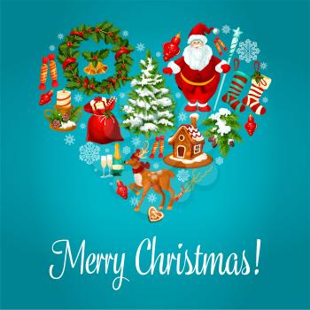 Merry Christmas. Vector greeting with christmas symbols in heart shape. Traditional christmas and new year santa, reindeer, gift stockings, christmas tree with snow, holly leaf wreath, candles, biscui