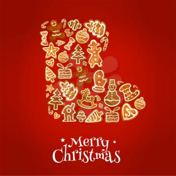 Merry Christmas poster. Winter boot symbol of baked gingerbread cookies in shape of christmas tree, gift box, stocking, mittens, heart, snowman, stars, christmas ball, snowflake, candy stick, christma