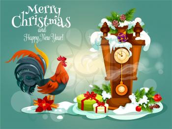 Merry Christmas, New Year vector poster with red rooster cock, wooden retro pendulum cuckoo clock with chimes, christmas gifts, pine, fir and holly leaf wreath, bows, snow
