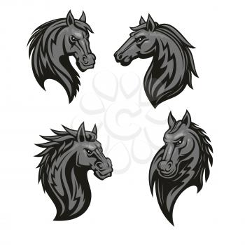 Black tribal horse icon. Mustang head sporting mascot set for equestrian sport, horse racing, tattoo or t-shirt print design