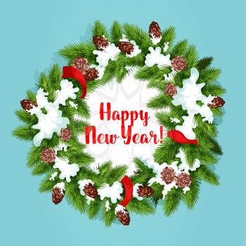 New Year tree wreath greeting card. Green branches of pine and fir tree, arranged into round frame, adorned by red ribbon, cone and snow with text happy New Year
