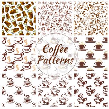 Coffee cup seamless pattern background. Fresh brewed coffee, espresso and cappuccino, served in takeaway paper cup, ceramic cup and demitasse with saucer. Coffee shop or cafe menu design