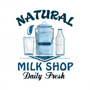 Milk, natural dairy product symbol. Milk can, bottle and glass of fresh farm milk on lace doily badge. Milk shop, organic farm, food and drink packaging design