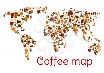Coffee map poster. World card created of coffee cup, cappuccino mug, espresso paper cup, coffee bean, cupcake, coffee maker and pot, chocolate, coffee grinder, irish cream and latte coffee drinks