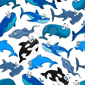 Marine fish seamless pattern background. Sea and ocean mammal animal cartoon pattern with dolphin, shark, whale, stingray, killer whale, hammerhead shark and orca. Marine wildlife theme design