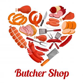 Heart made up of meat product poster. Sausage, bacon, ham, salami, frankfurter and chicken leg with butcher knife, barbeque fork and spatula. Butcher shop, bbq menu design