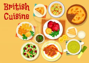 British cuisine traditional roast beef with yorkshire pudding icon with irish fish soup, chicken salad with cherry fruit, fish and chips, duck with mint sauce, sorrel cream soup, beef kidney pie