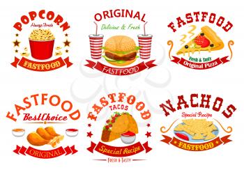 Fast food cafe badge set. Hamburger, pizza, soda cup, tacos, fried chicken, nachos and popcorn takeaway dishes symbol. American, mexican and italian fast food design