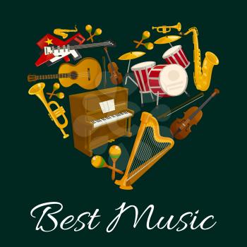 Heart with musical instrument poster. Guitar, drum, saxophone, trumpet, violin, piano, harp and maracas. Music concert, jazz and rock musical festival banner design