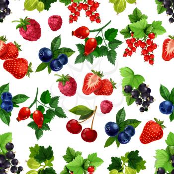 Berries fruits pattern. Vector seamless background of strawberry, raspberry, blueberry, blackcurrant, redcurrant, cherry, gooseberry, briar berry bunches with leaves