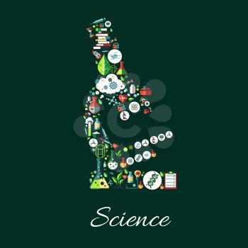 Science poster. Microscope symbol of astronomy, chemistry, physics, medicine, mathematics science icons. Scientific conceptual sign of science icons research books, laboratory test flask, DNA, formula
