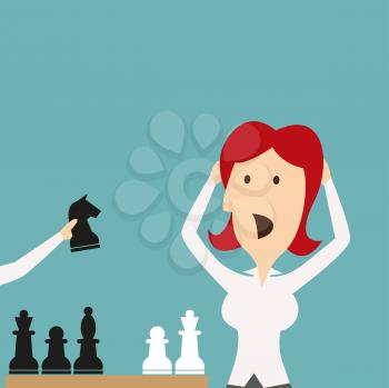 Woman losing in game by chess knight. Businesswoman manager with hands on head shocked, stressed, stricken in panic of being defeated in checkmate. Vector business metaphor of sudden defeat by competi