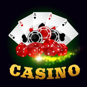 Casino vector poster. Poker cards, gaming dices, bet chips, ace spades. Gambling poker game on green casino table background
