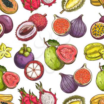 Fruits pattern. Vector seamless background of fresh exotic and tropical fruits. Whole and cut sliced durian, figs, carambola, dragon fruit, guava, lychee, passion fruit maracuya, papaya
