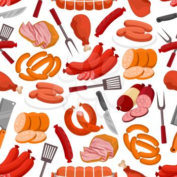 Meat delicatessen pattern. Vector seamless background of sausages, smoked bacon, roast beef, beef steak, ham, pork wurst, salami, schnitzel, grilled chicken leg, grill fork, knife, spatula