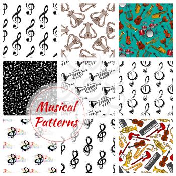 Musical notes and instruments patterns set. Vector seamless background of music stave, maracas, harp, trumpet, guitar and violin, saxophone, cymbals, drums, contrabass and piano