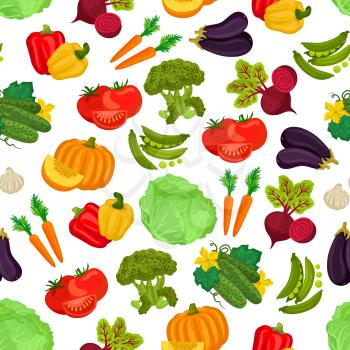 Vegetables pattern of fresh ripe farm vegetable flat icons of pumpkin, cucumber, beet, tomatoes, carrot, peas, pepper, cabbage, eggplant, garlic, broccoli. Vector seamless pattern background of vegeta