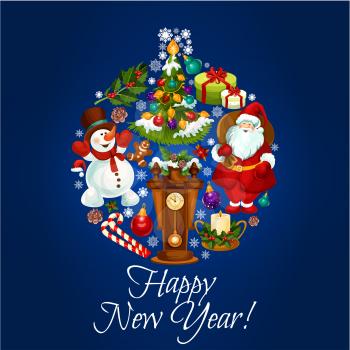 New Year holiday vector poster. Greeting card with bauble shape of santa and snowman, wooden clock with chimes, christmas tree and gifts, wreath of holly leaves and pine tree branches