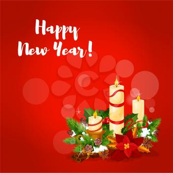 New Year greeting card with candle floral arrangement, composed of burning candle, holly berry and fir tree branches, flower, adorned with red ribbon, cinnamon stick and anise star